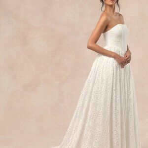 Lulu's Shiori White Lace Bustier Basque Waist Strapless Maxi Dress XS